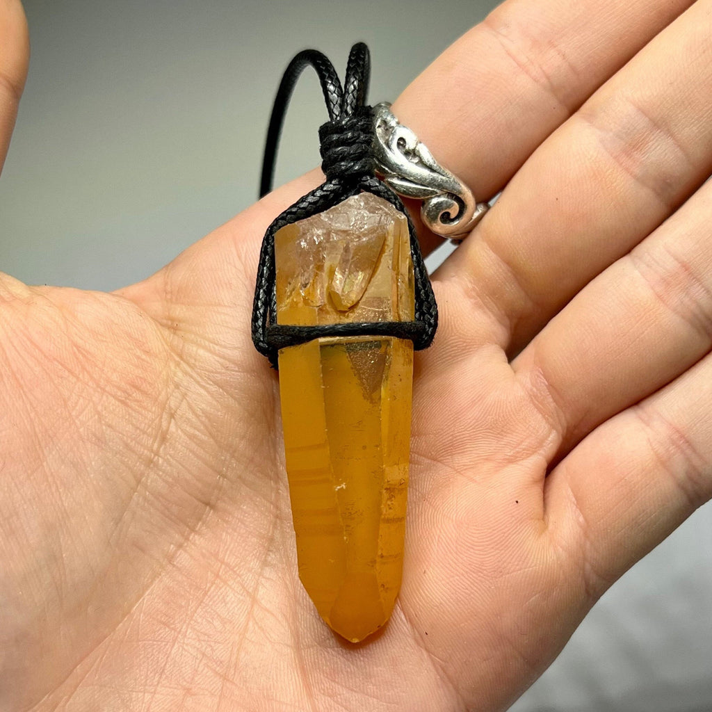 Tangerine Quartz Point Necklace: Orange Crystal Pendant, 30" Cord