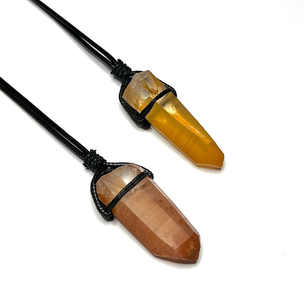 Tangerine Quartz Point Necklace: Orange Crystal Pendant, 30" Cord