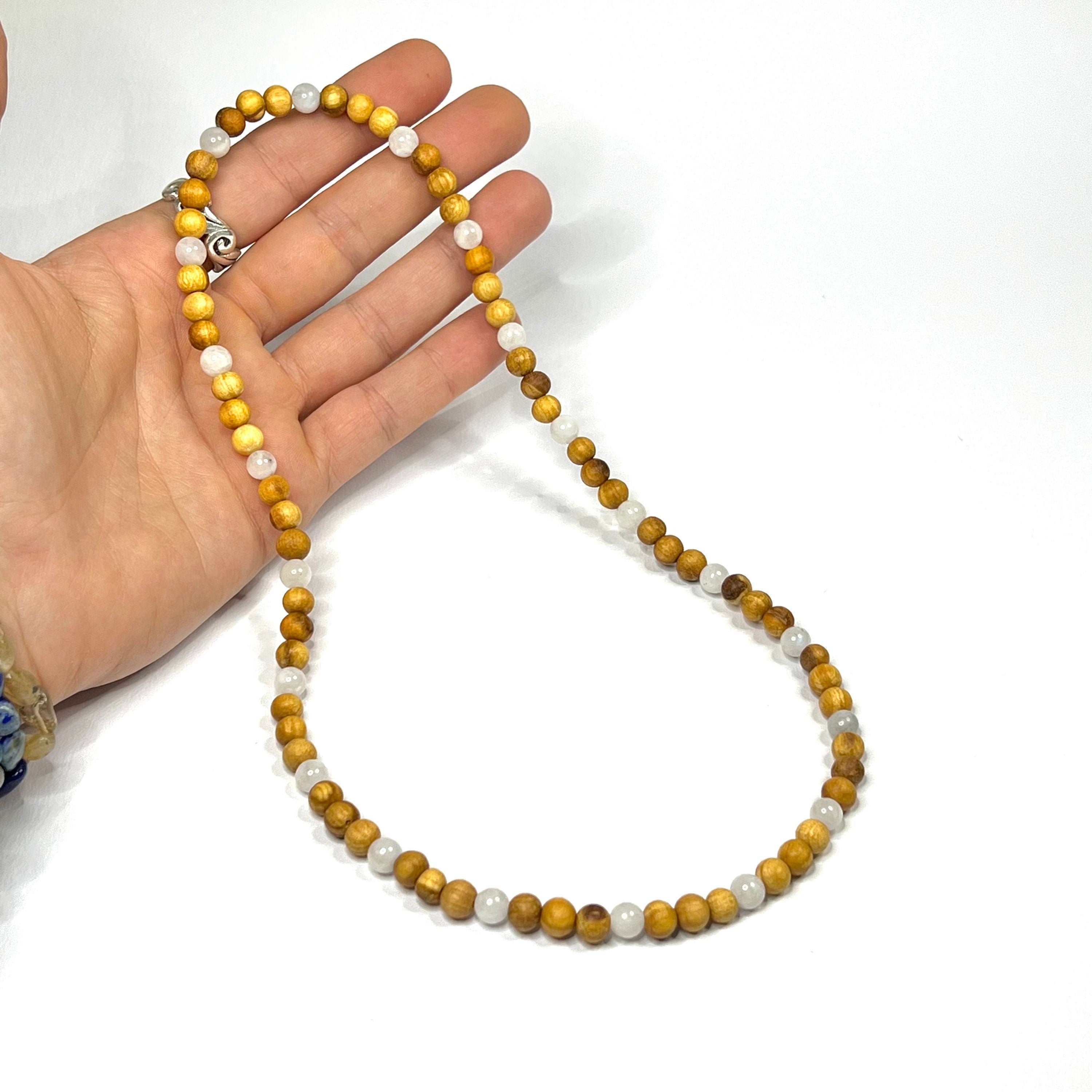 Palo Santo Wood Necklace With Rainbow Moonstone Beads