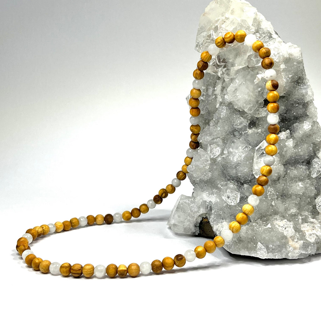 Palo Santo Wood Necklace With Rainbow Moonstone Beads