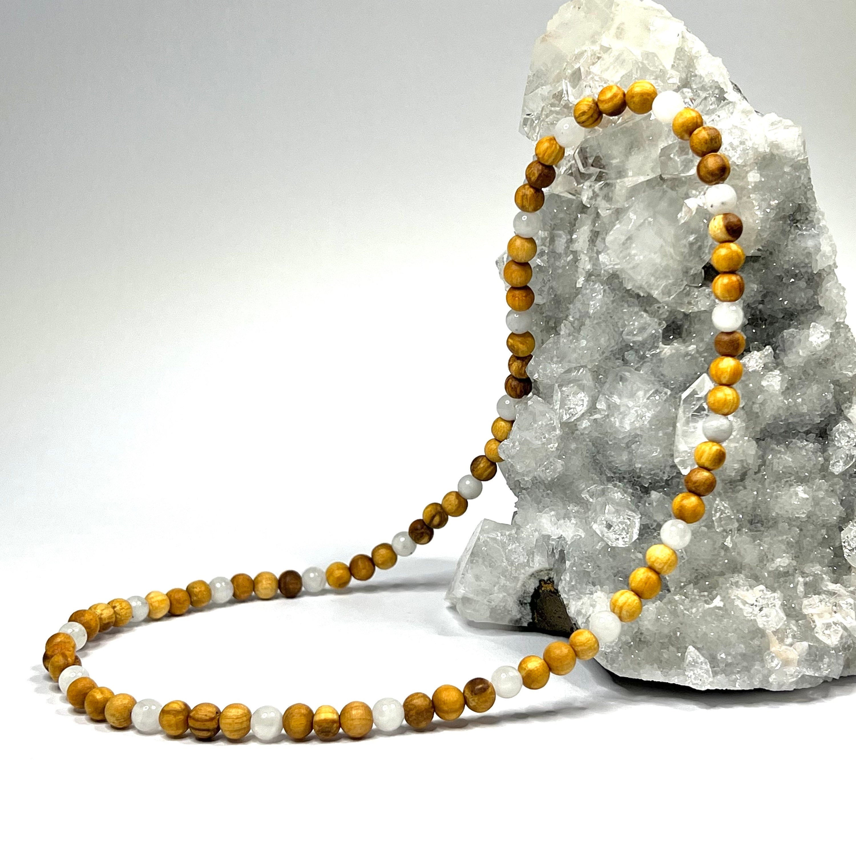 Palo Santo Wood Necklace With Rainbow Moonstone Beads