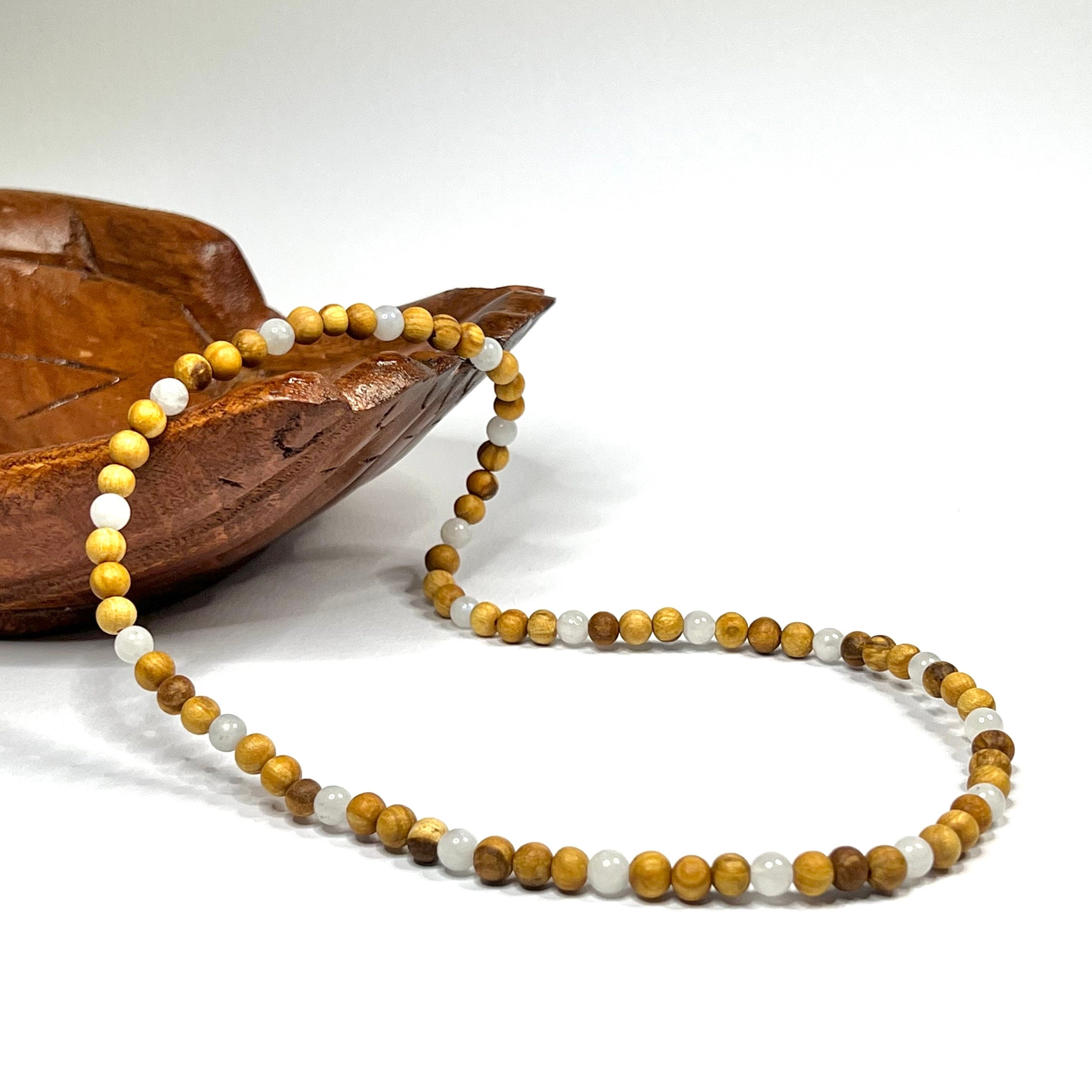 Palo Santo Wood Necklace With Rainbow Moonstone Beads