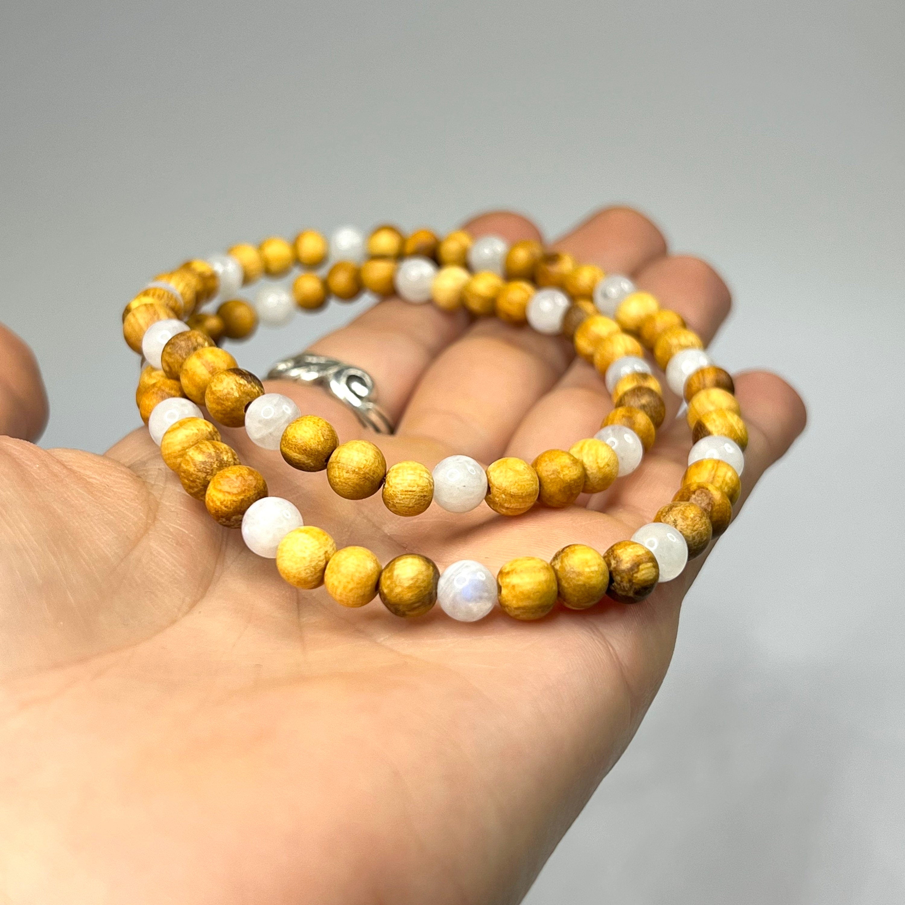Palo Santo Wood Necklace With Rainbow Moonstone Beads