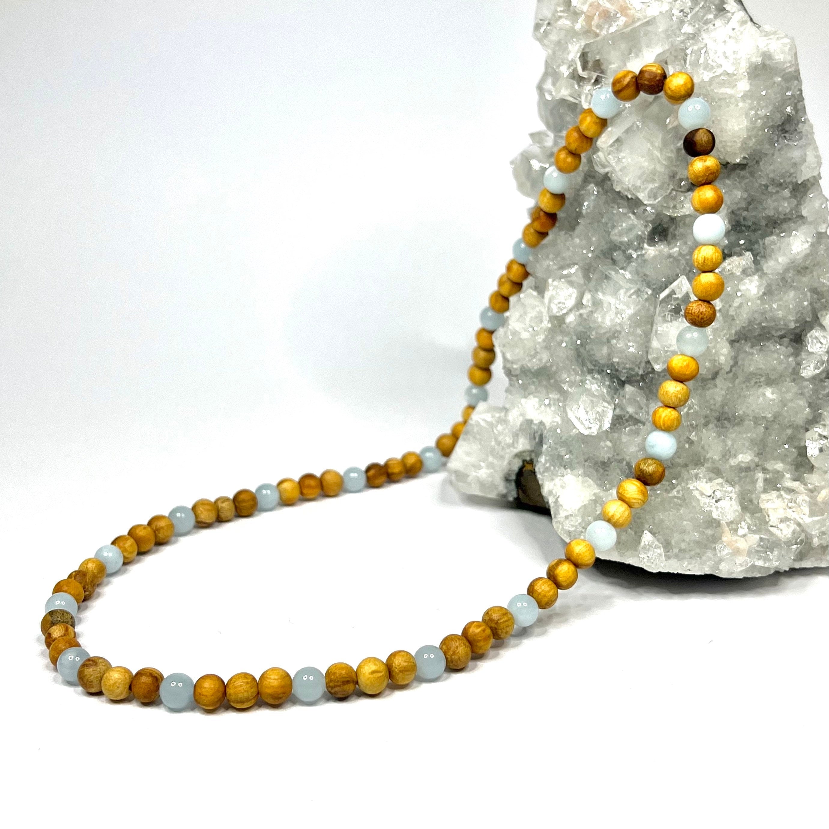 Palo Santo Wood Necklace With Aquamarine Beads