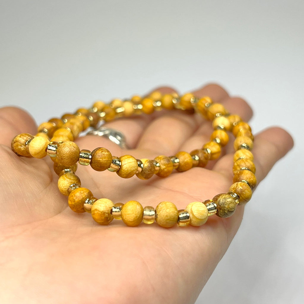 Palo Santo Wood Necklace With Golden Glass Beads