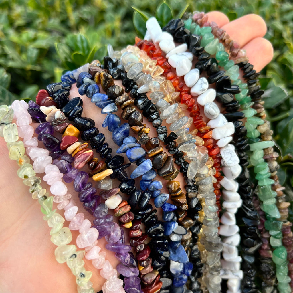 Handmade Gemstone Chips Necklace: 30 Inch Crystal Beaded Necklace