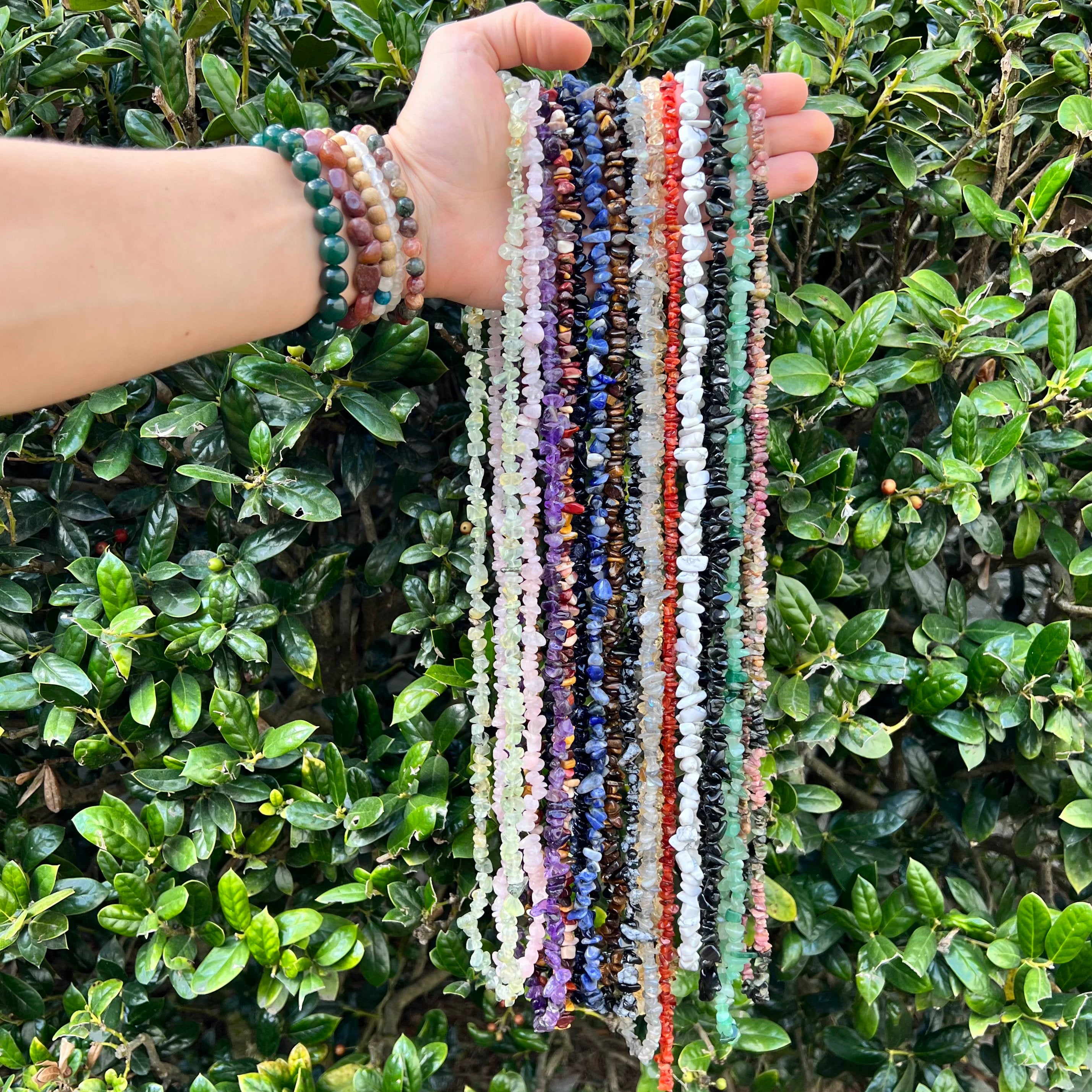 Handmade Gemstone Chips Necklace: 30 Inch Crystal Beaded Necklace