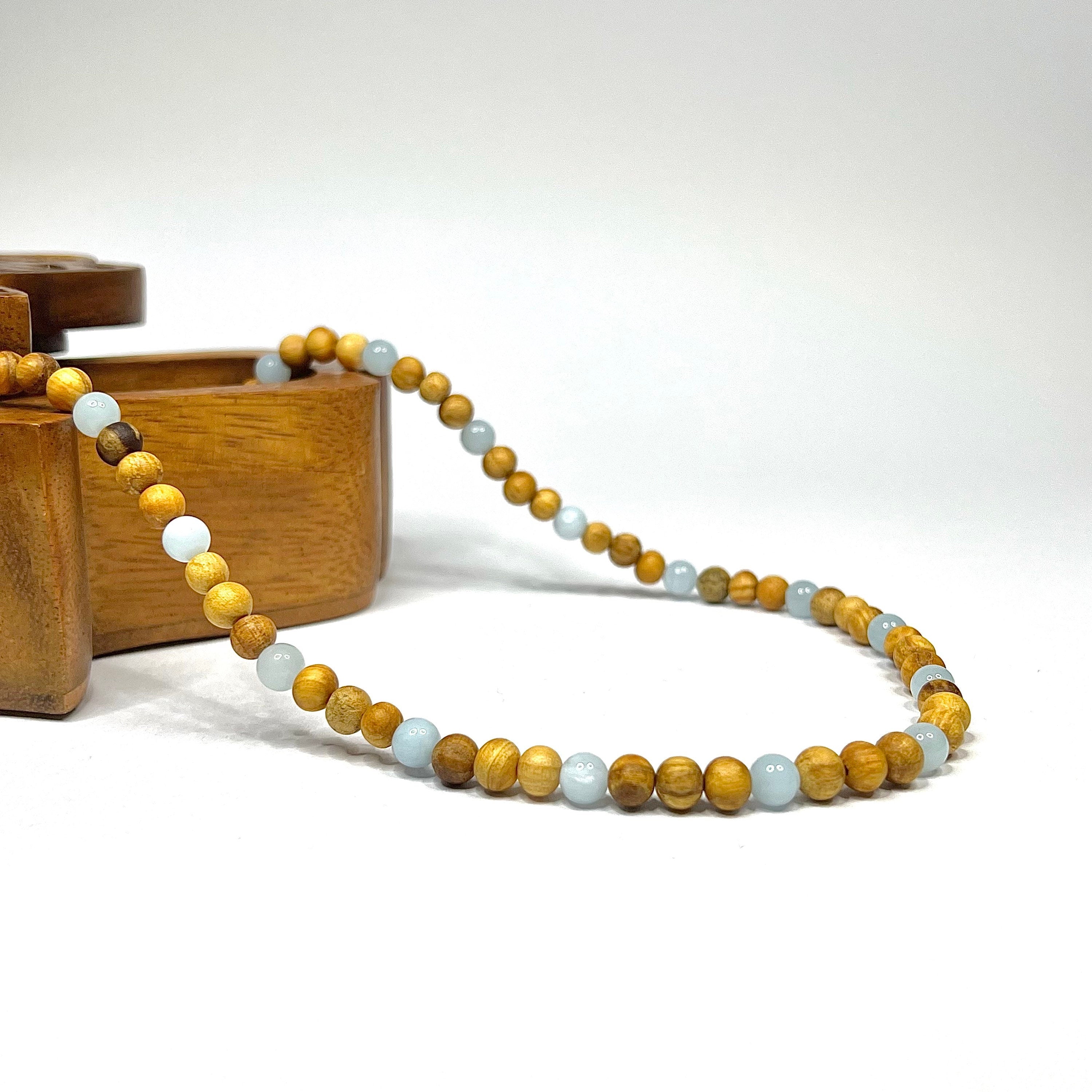 Palo Santo Wood Necklace With Aquamarine Beads