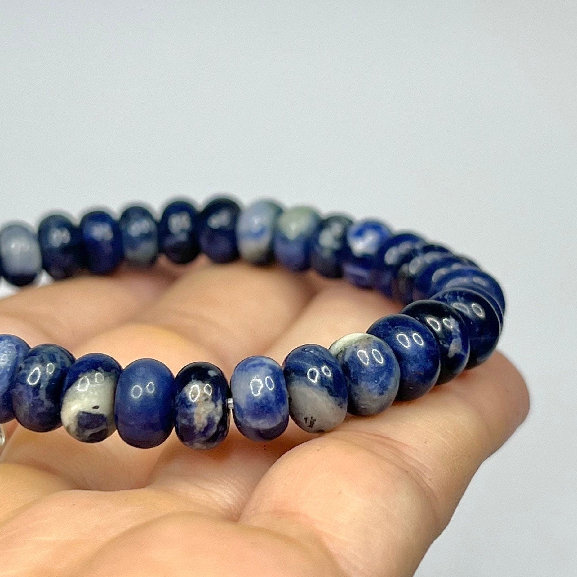 Sodalite Rondelle Beaded Bracelet - 8mm Gemstone Stretch Bracelet