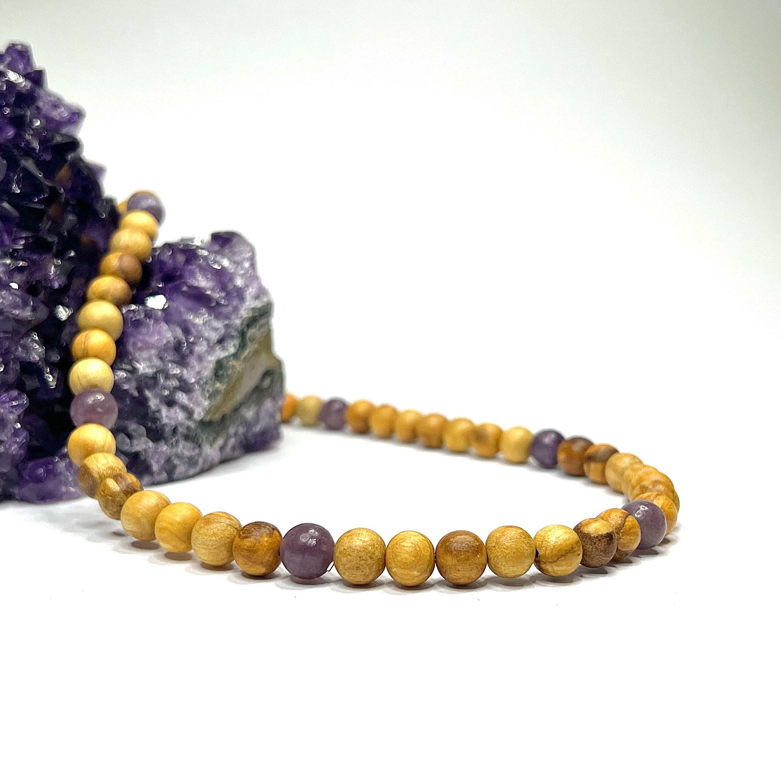 Palo Santo Wood Necklace With Lepidolite Beads