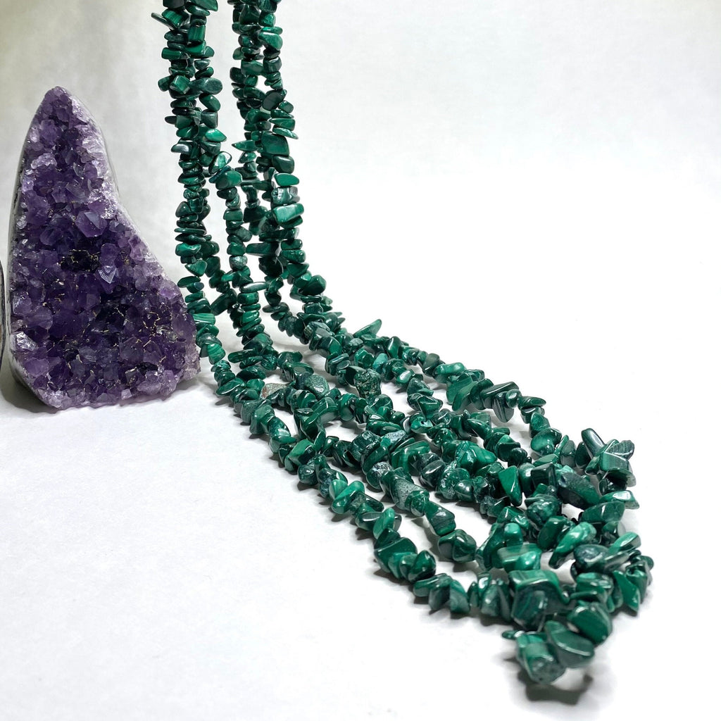Malachite Long Crystal Necklace, 36" Green Gemstone Chips Necklace