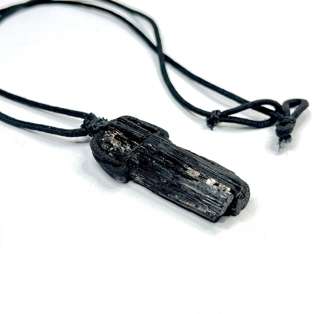 Raw Black Tourmaline Crystal Necklace: Gemstone Cord Pendant Necklace