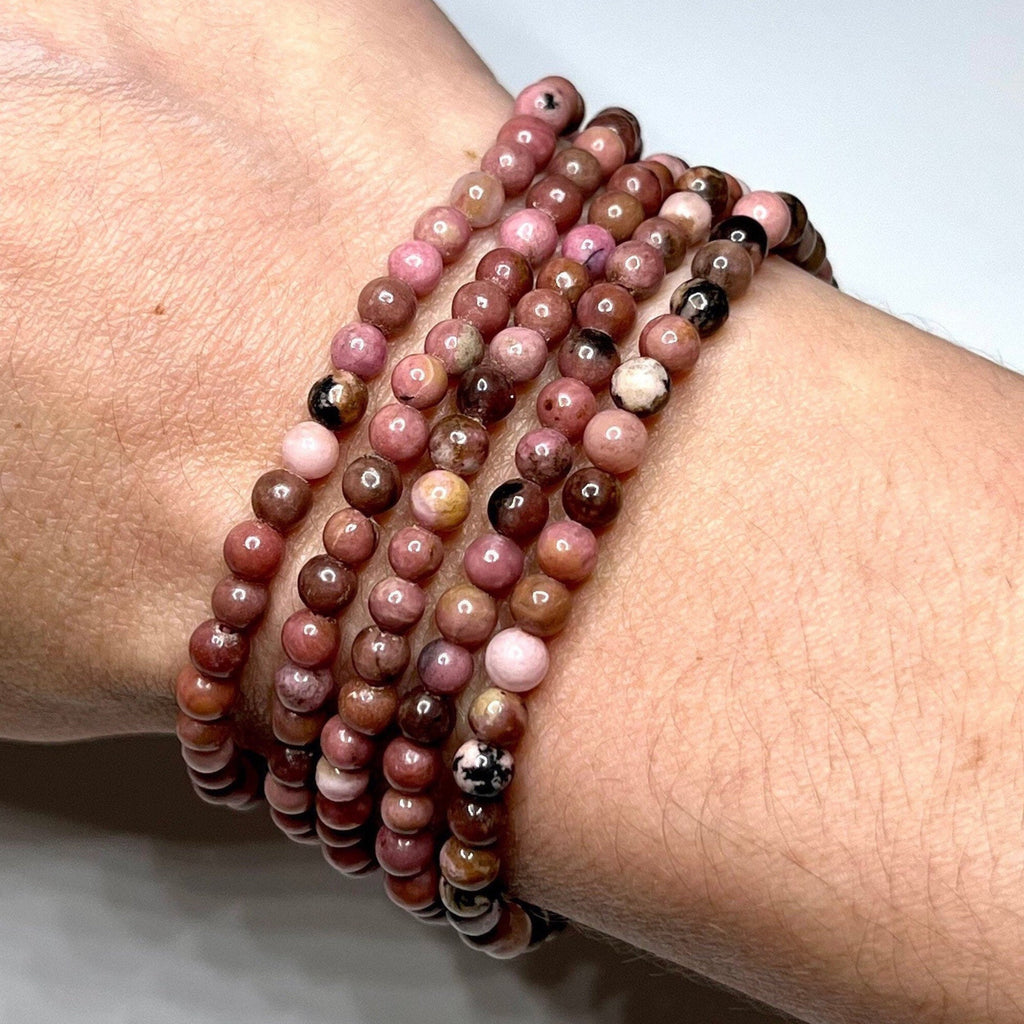 Black Vein Rhodonite Crystal Bracelet: 4mm Gemstone Beaded Bracelet