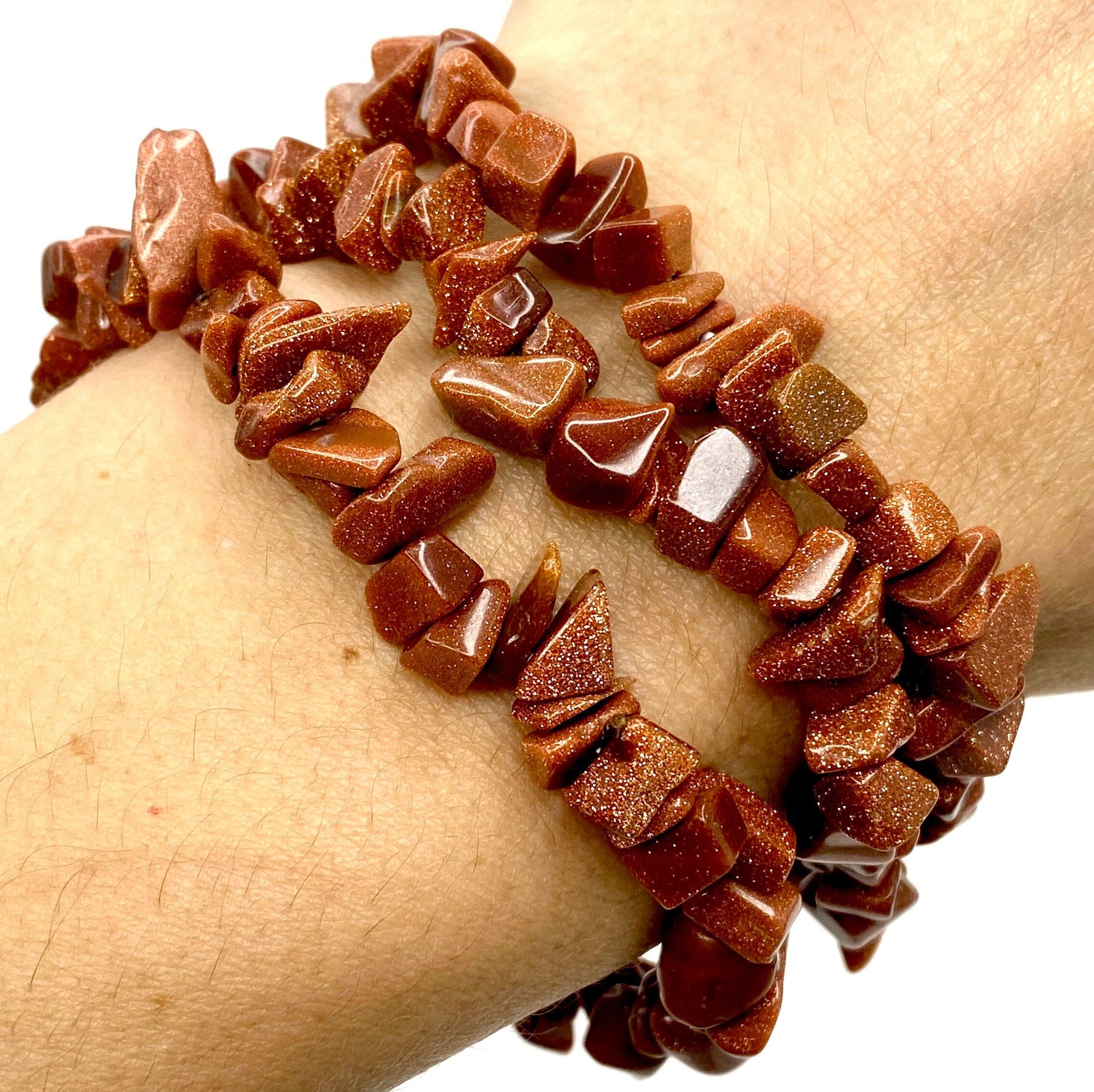 Red Goldstone Beaded Bracelet, Handmade Crystal Chips Stretch Bracelet