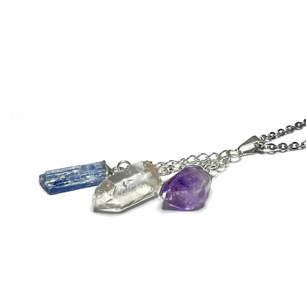 Amethyst Kyanite Quartz Point Pendant Necklace with Chain