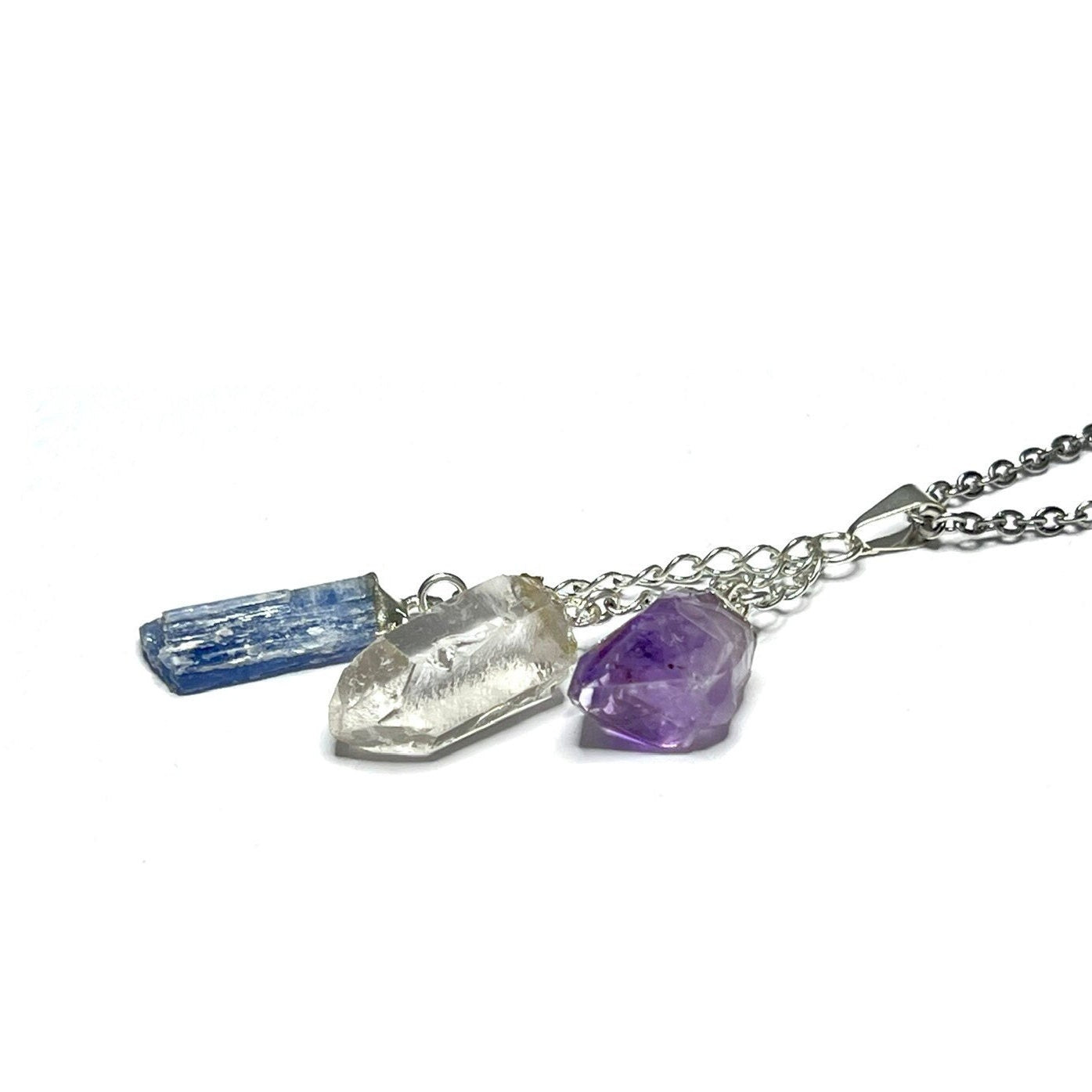 Amethyst Kyanite Quartz Point Pendant Necklace with Chain