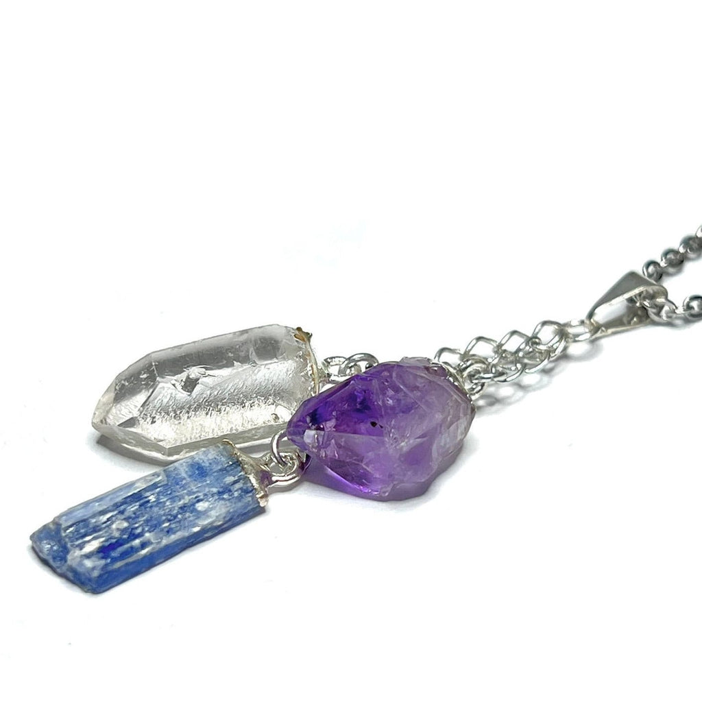 Amethyst Kyanite Quartz Point Pendant Necklace with Chain