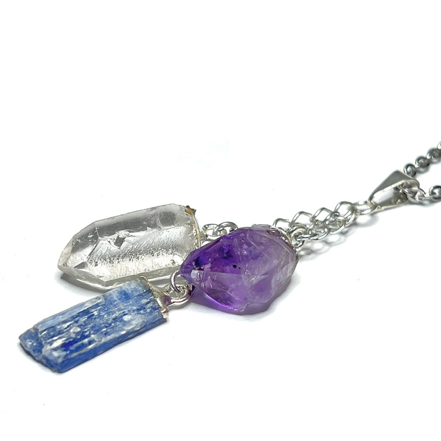 Amethyst Kyanite Quartz Point Pendant Necklace with Chain