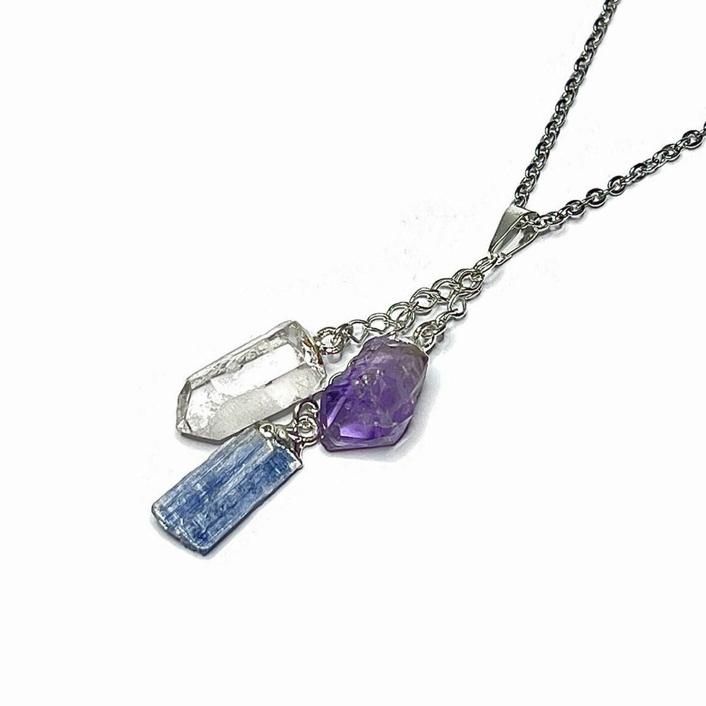 Amethyst Kyanite Quartz Point Pendant Necklace with Chain