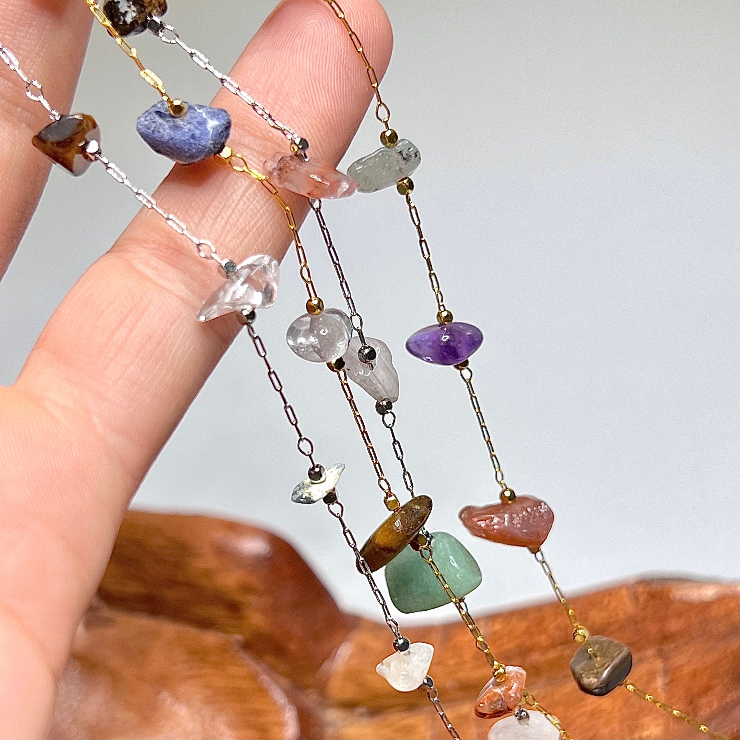 Mixed Crystal Chips Necklace: Gold or Silver Plated, Adjustable Length