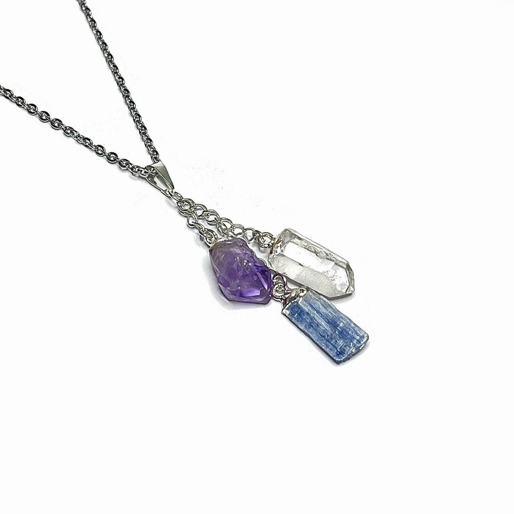 Amethyst Kyanite Quartz Point Pendant Necklace with Chain