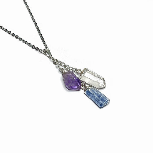 Amethyst Kyanite Quartz Point Pendant Necklace with Chain