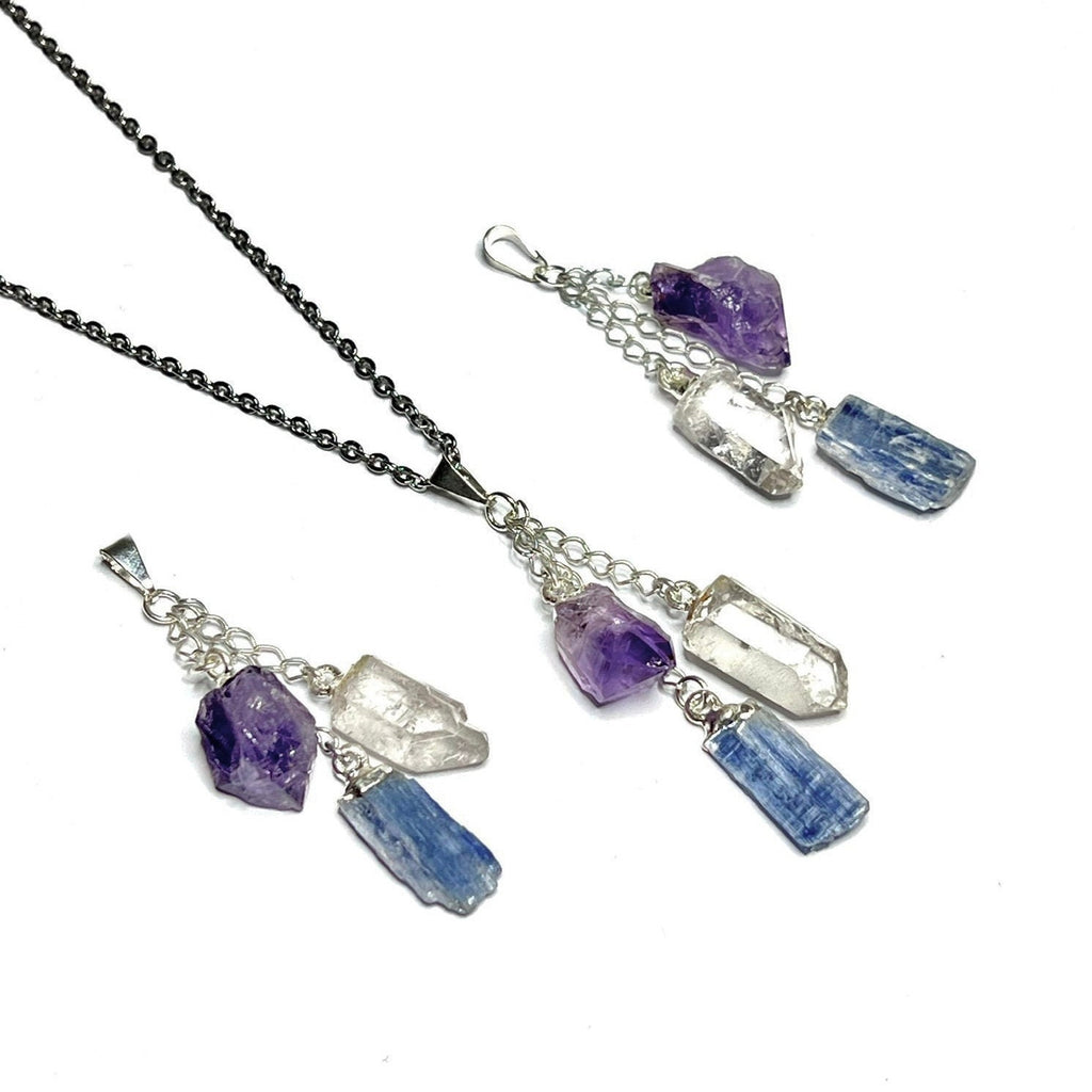 Amethyst Kyanite Quartz Point Pendant Necklace with Chain