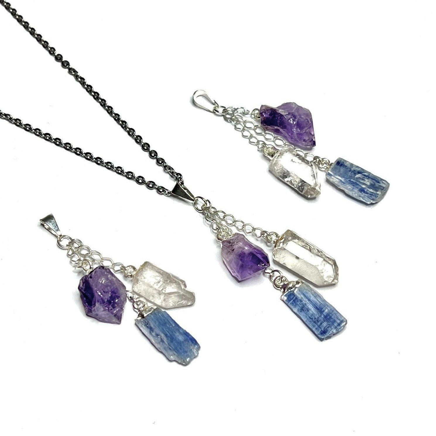 Amethyst Kyanite Quartz Point Pendant Necklace with Chain