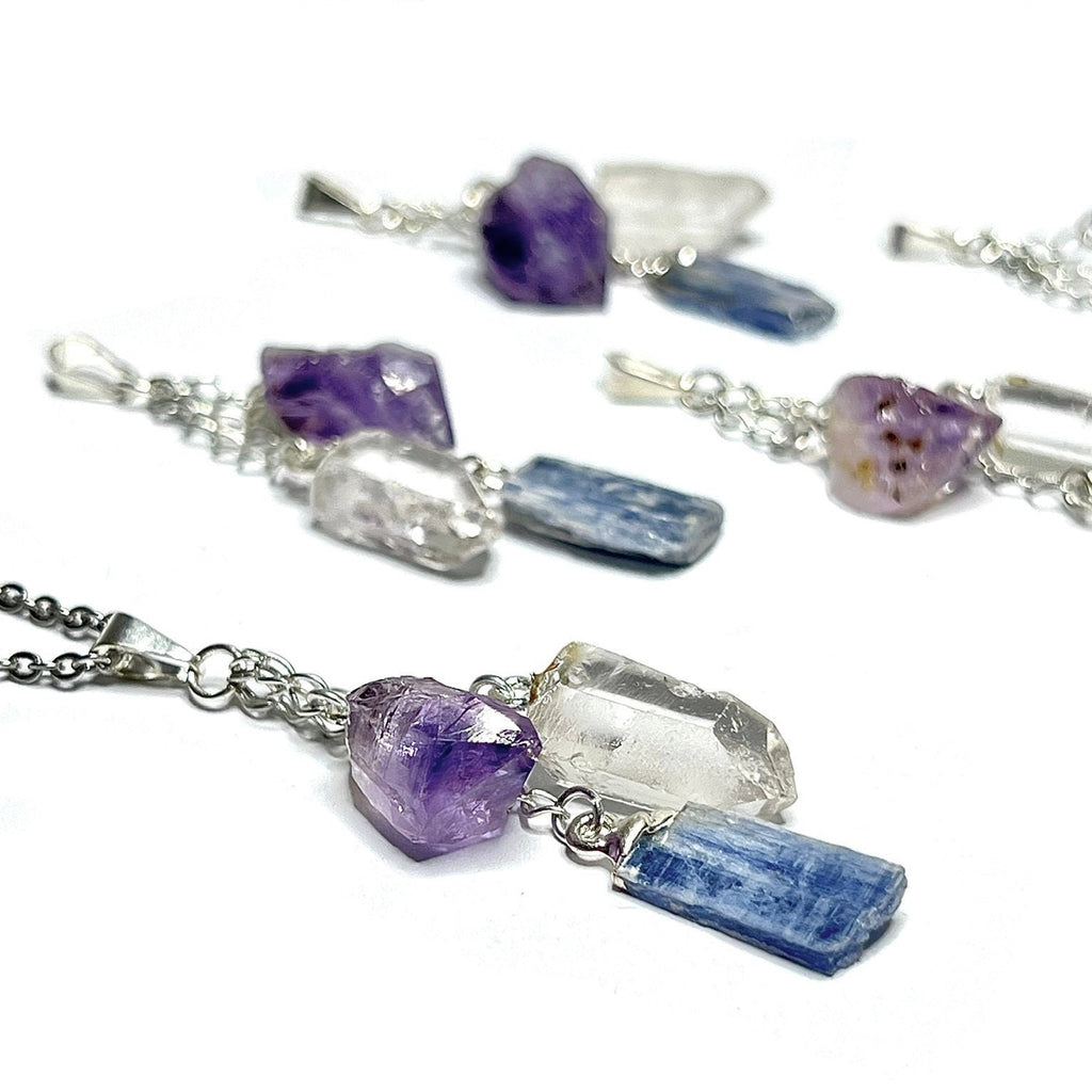 Amethyst Kyanite Quartz Point Pendant Necklace with Chain