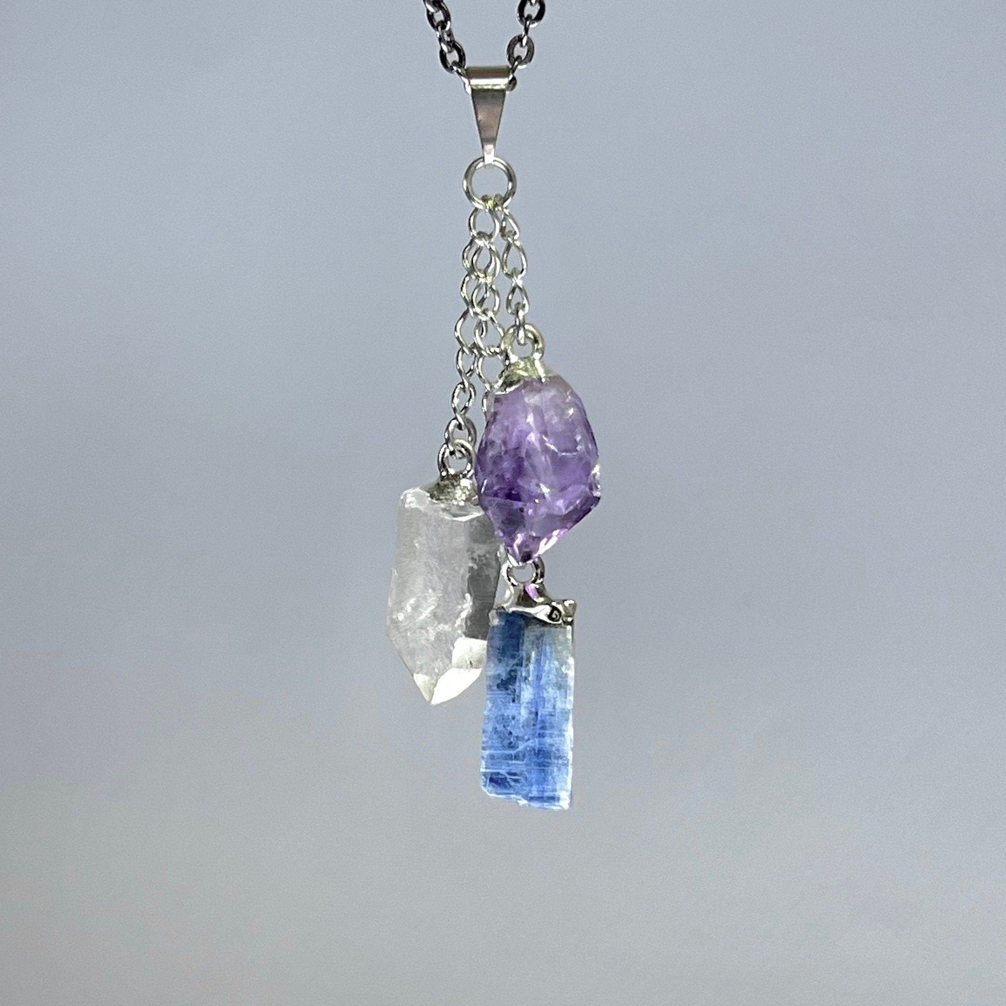 Amethyst Kyanite Quartz Point Pendant Necklace with Chain