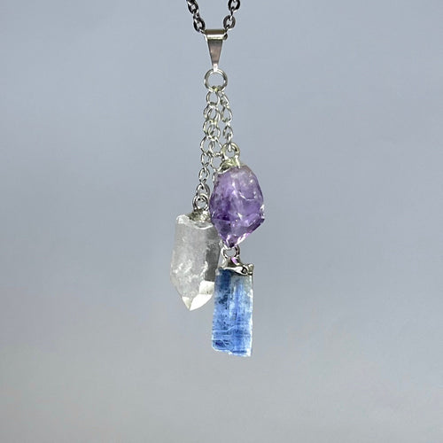 Amethyst Kyanite Quartz Point Pendant Necklace with Chain