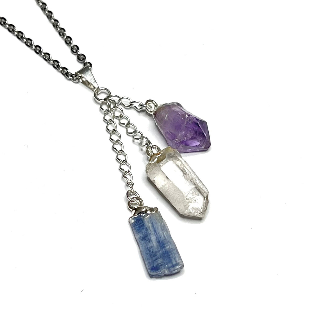 Amethyst Kyanite Quartz Point Pendant Necklace with Chain