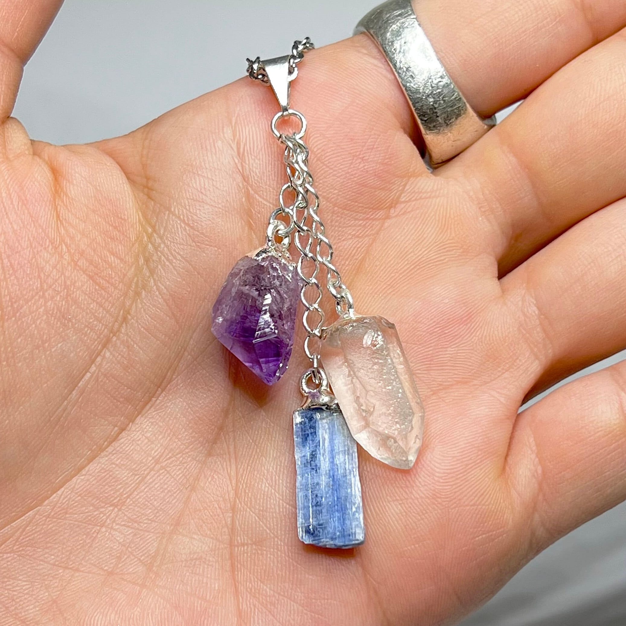 Amethyst Kyanite Quartz Point Pendant Necklace with Chain