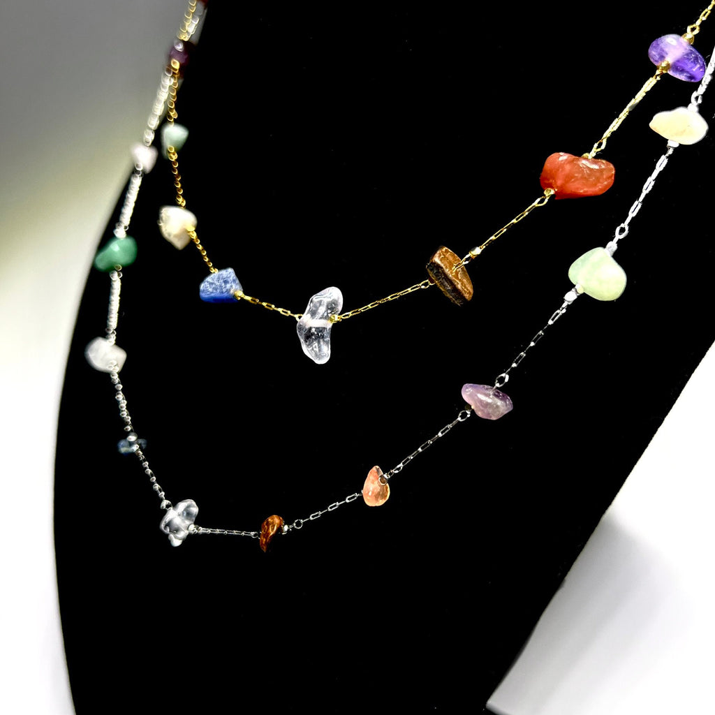 Mixed Crystal Chips Necklace: Gold or Silver Plated, Adjustable Length