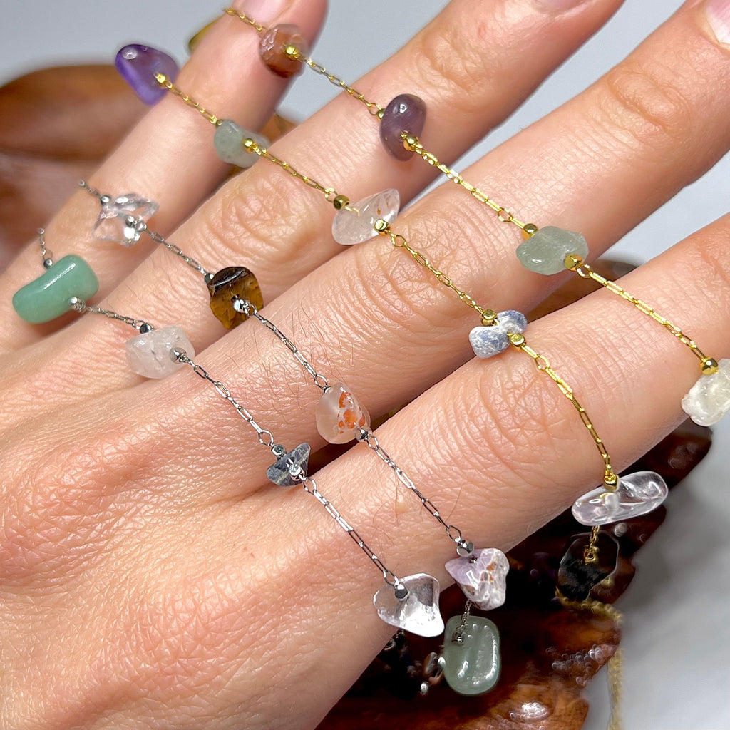 Mixed Crystal Chips Necklace: Gold or Silver Plated, Adjustable Length