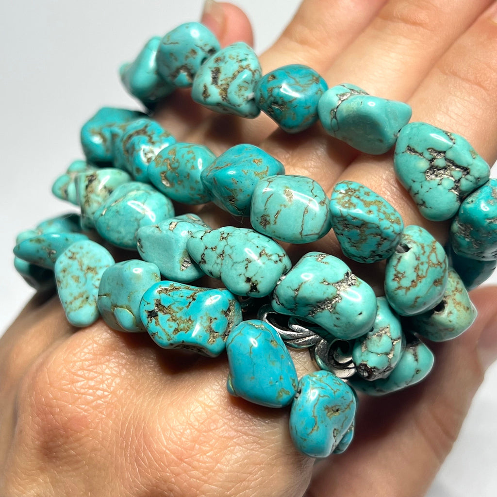 Howlite Turquoise Nugget Bracelet: Gemstone Beaded Stretch Bracelet