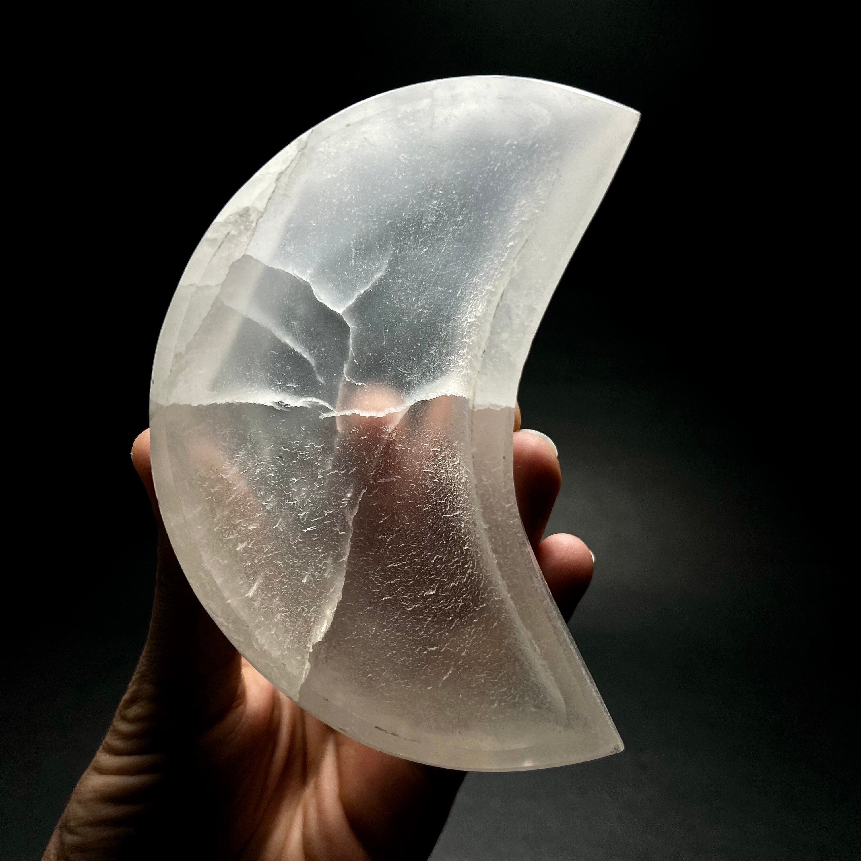Moroccan Selenite Crescent Moon Charging Bowl: Hand-Carved Crystal Bowl