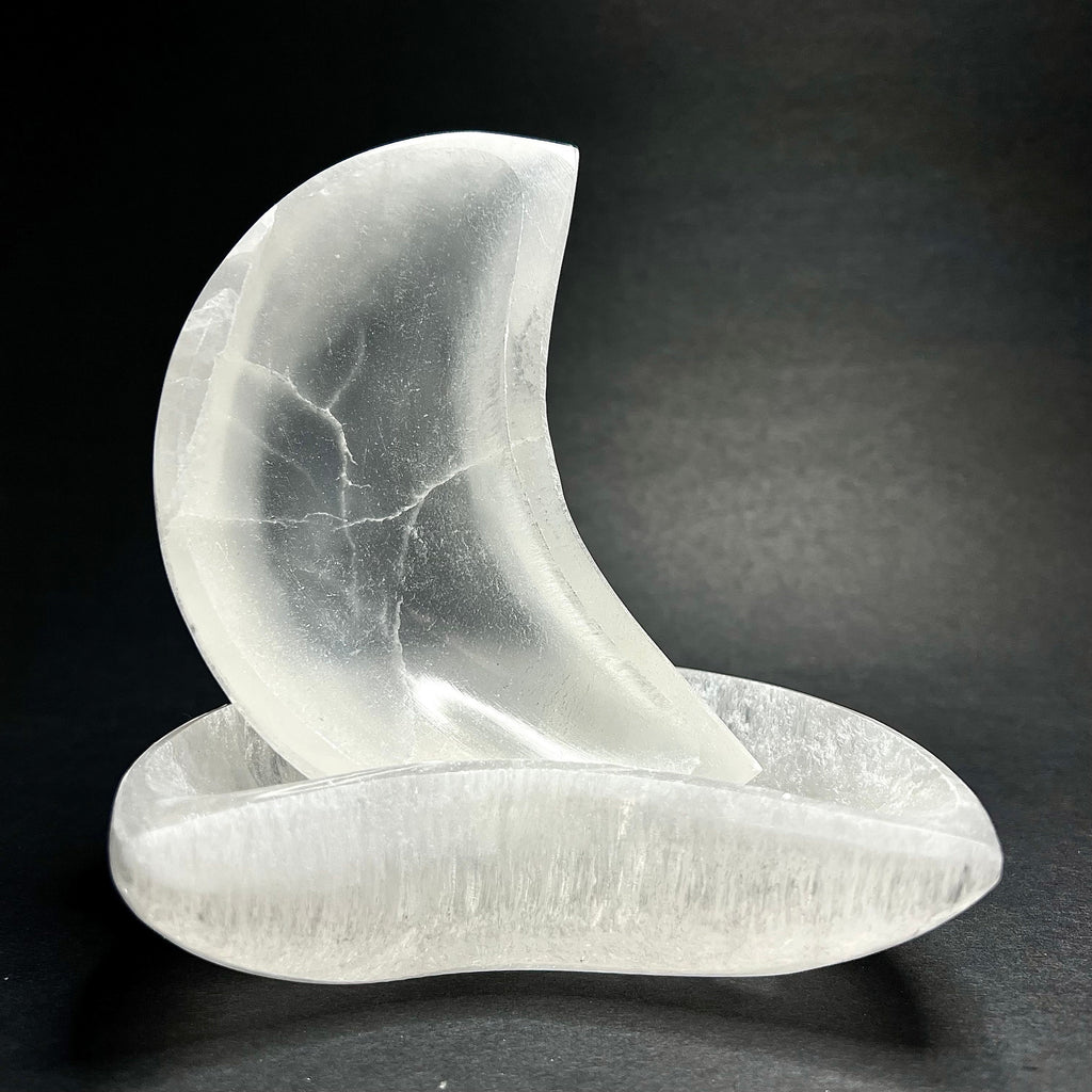 Moroccan Selenite Crescent Moon Charging Bowl: Hand-Carved Crystal Bowl