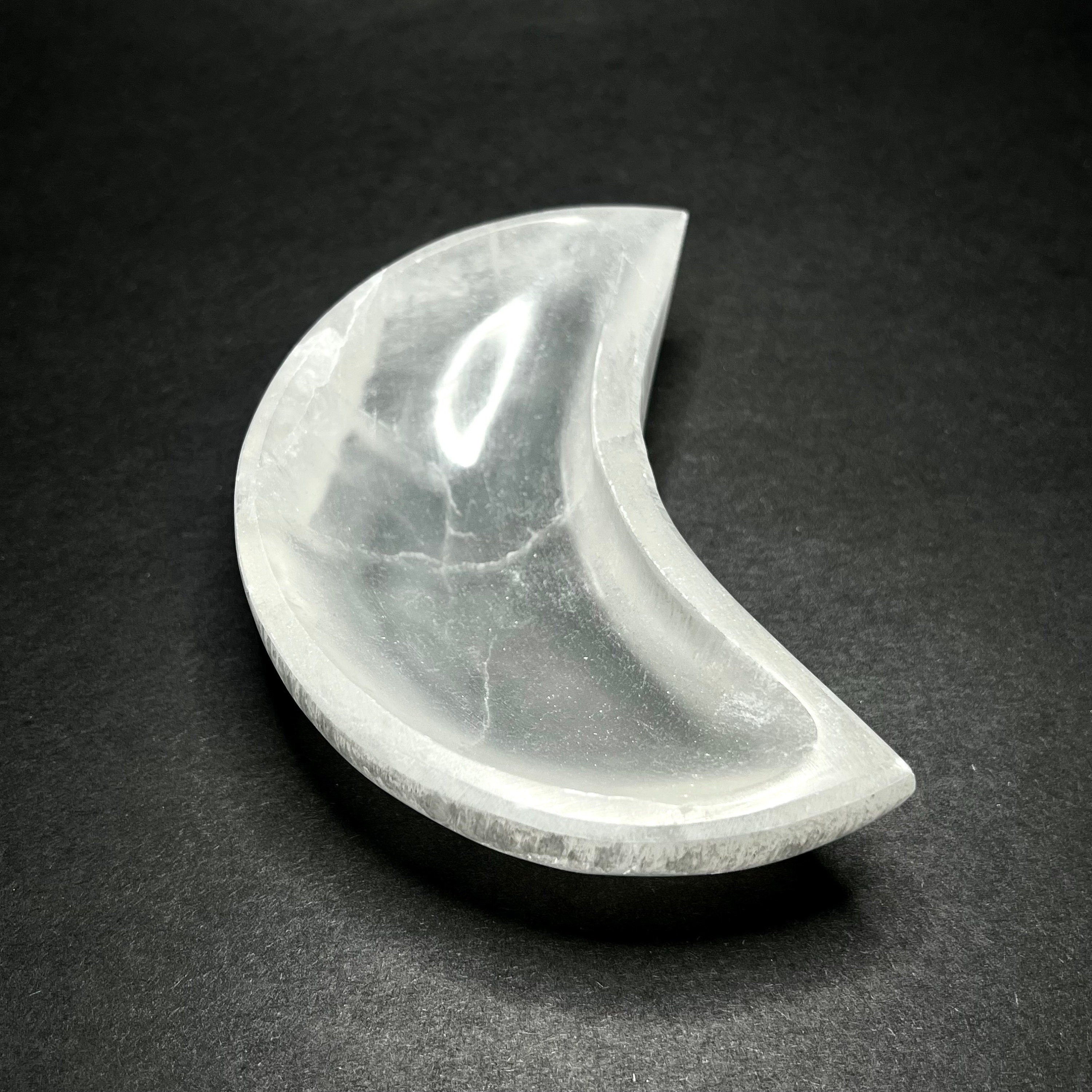 Moroccan Selenite Crescent Moon Charging Bowl: Hand-Carved Crystal Station