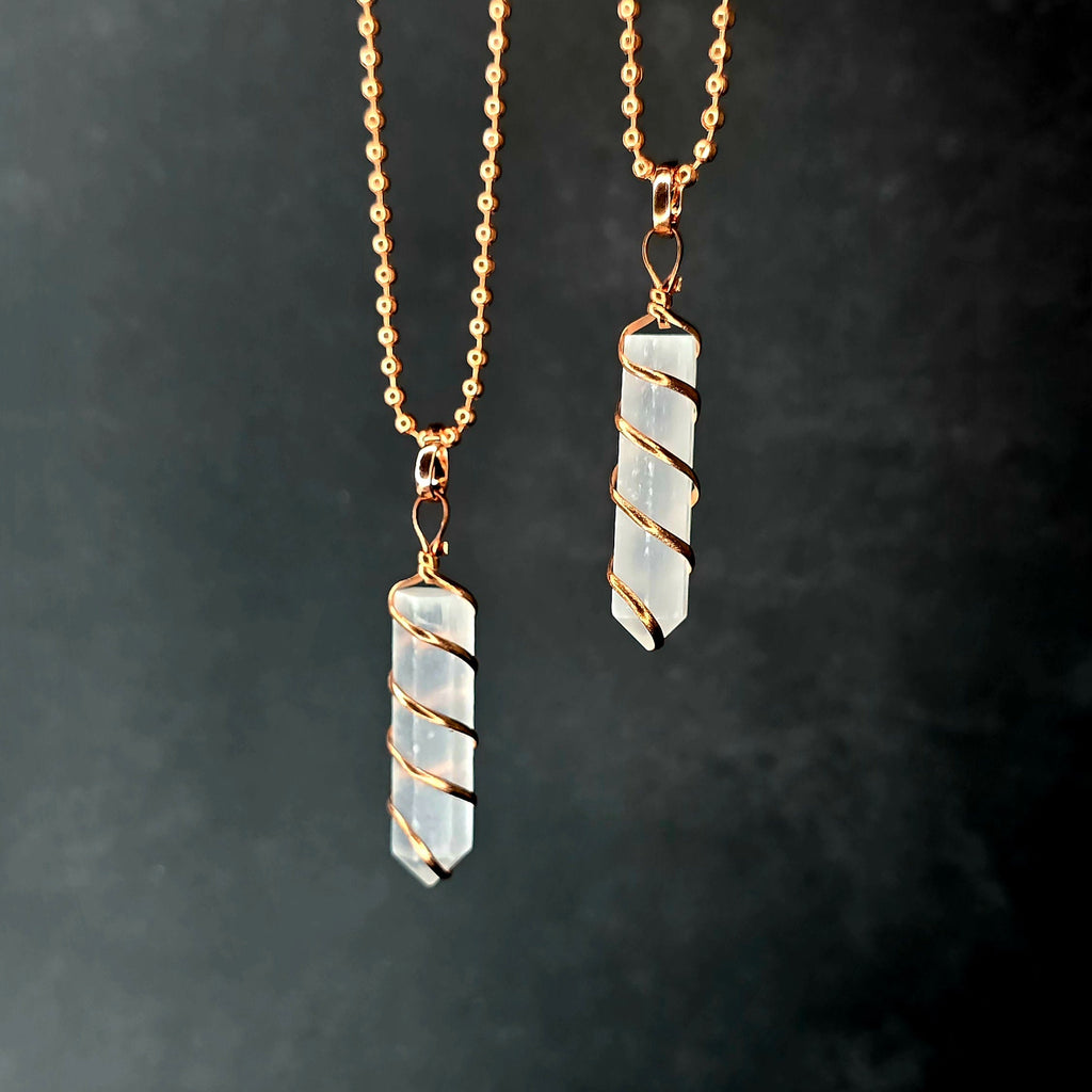Selenite Wire Wrap Crystal Necklace - Copper Wrapped Gemstone Pendant with Chain