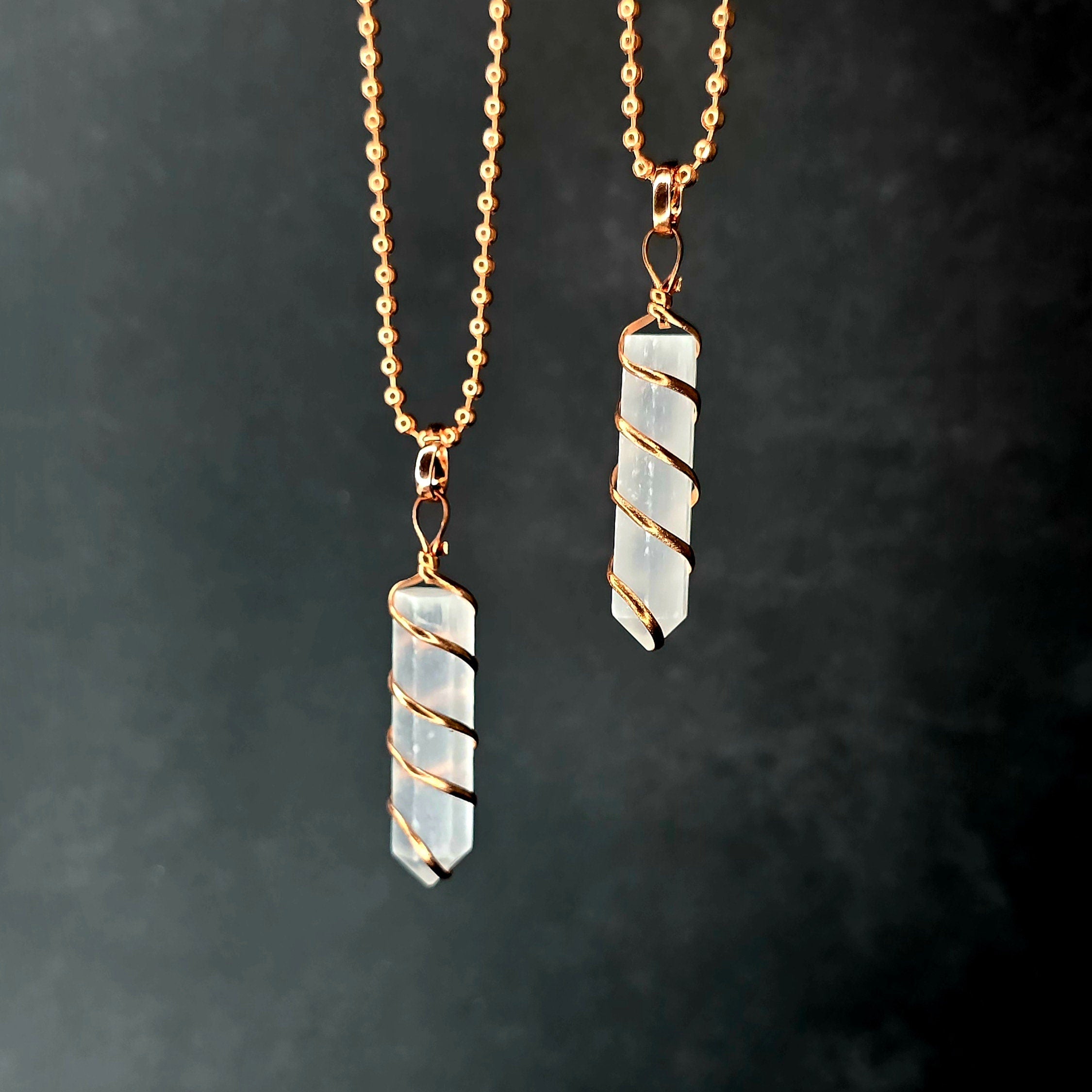 Selenite Wire Wrap Crystal Necklace - Copper Wrapped Gemstone Pendant with Chain