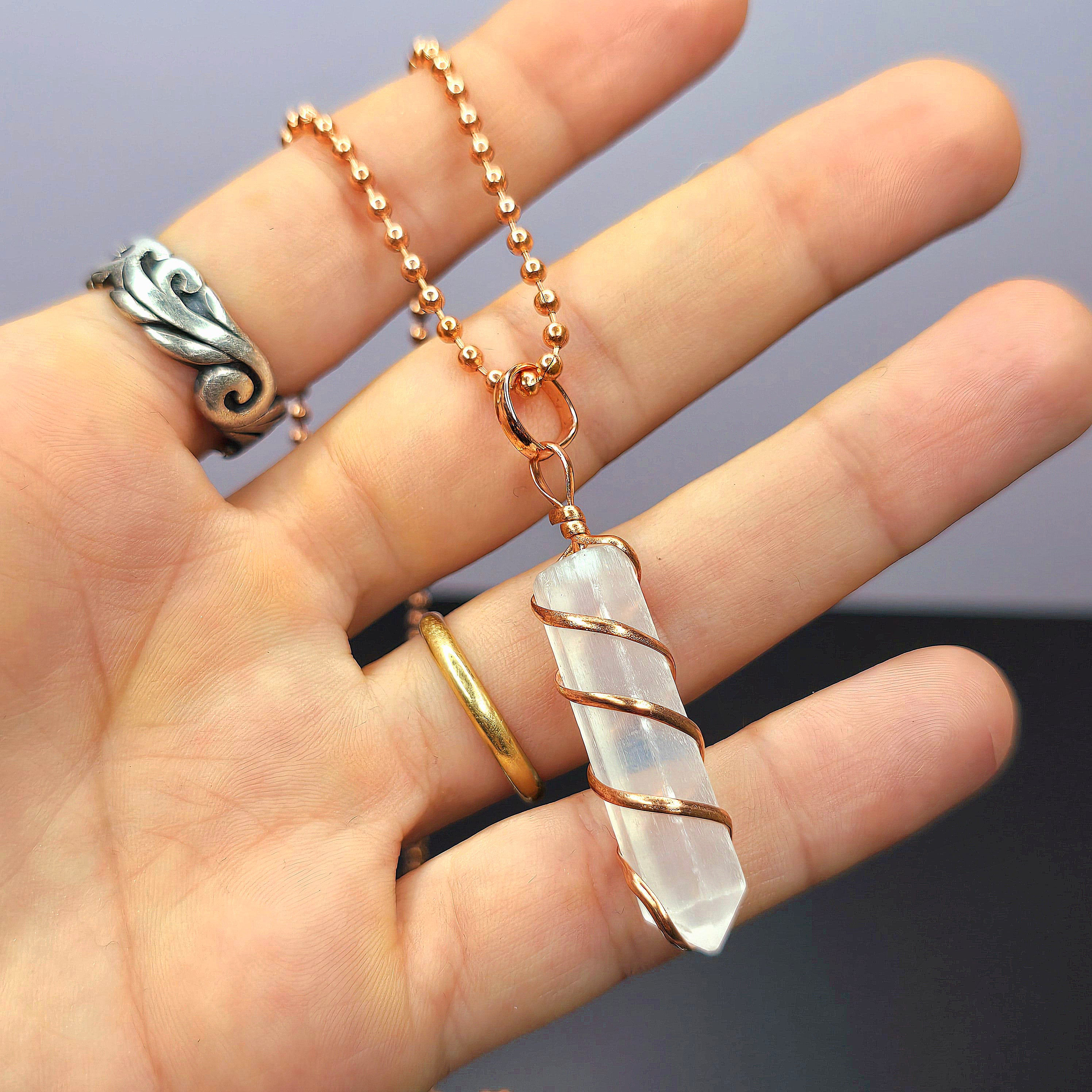 Selenite Wire Wrap Crystal Necklace - Copper Wrapped Gemstone Pendant with Chain