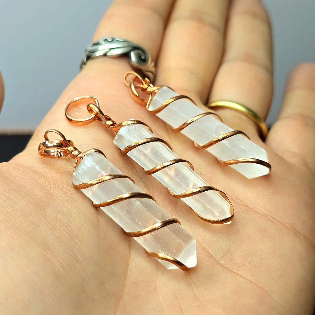 Selenite Wire Wrap Crystal Necklace - Copper Wrapped Gemstone Pendant with Chain
