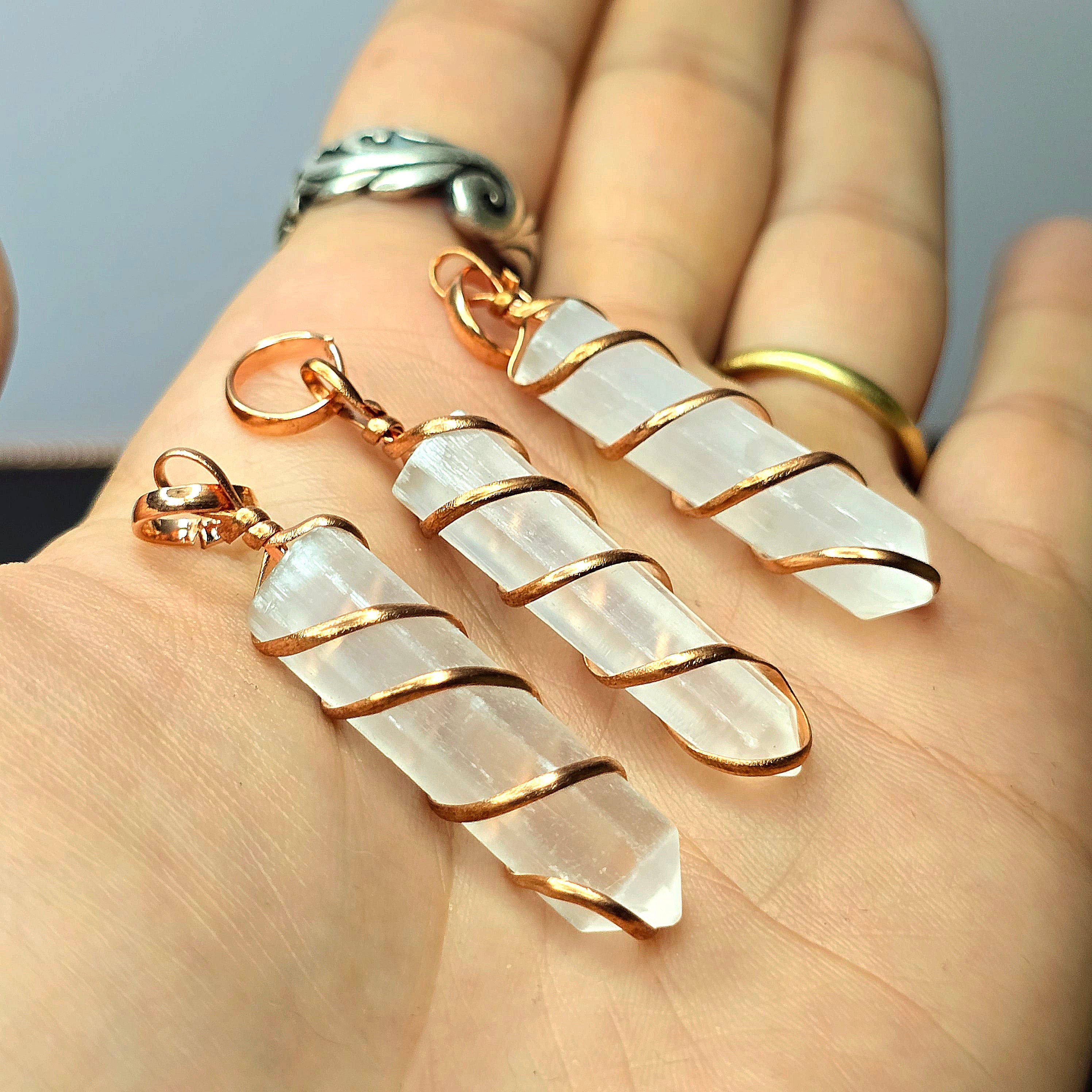 Selenite Wire Wrap Crystal Necklace - Copper Wrapped Gemstone Pendant with Chain