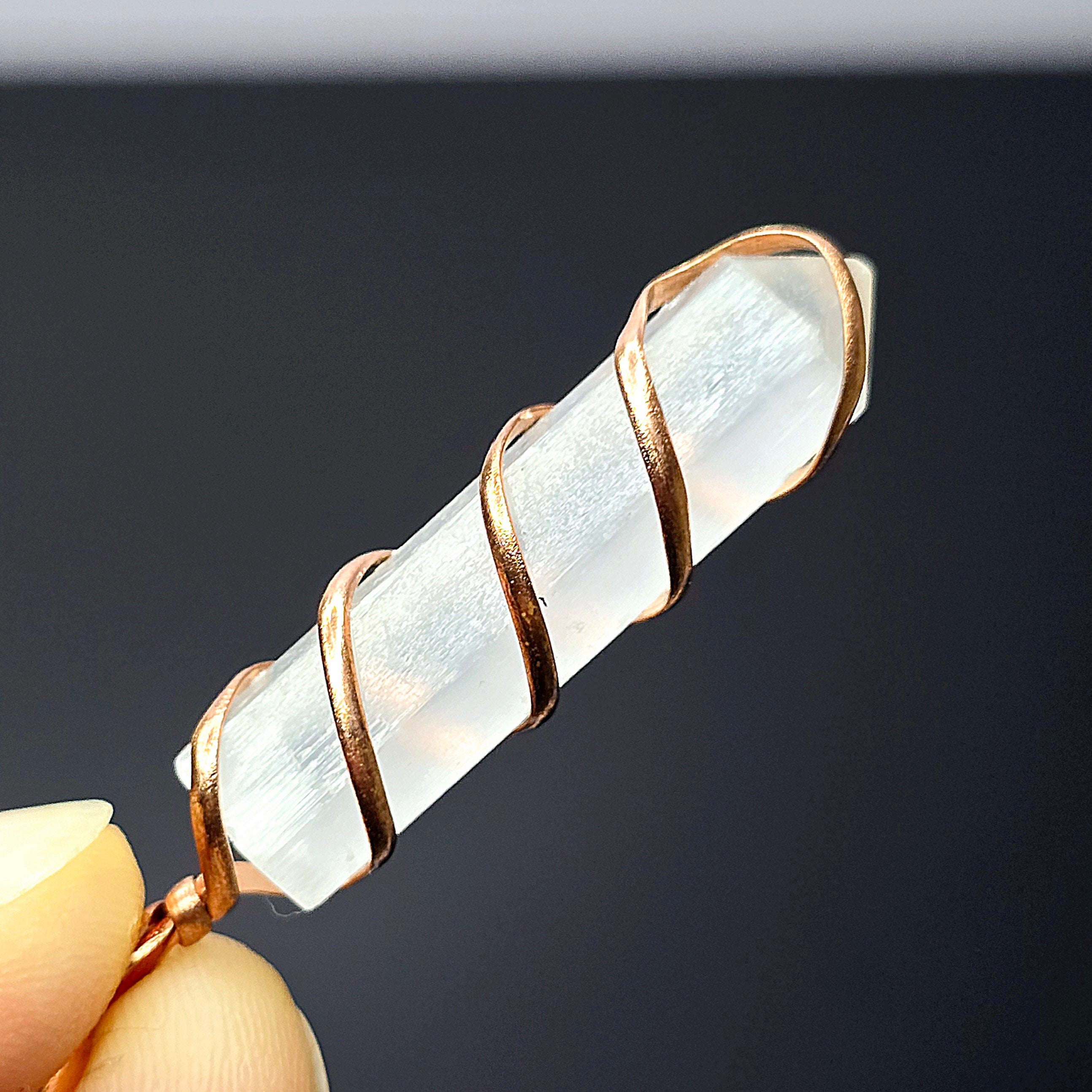 Selenite Wire Wrap Crystal Necklace - Copper Wrapped Gemstone Pendant with Chain