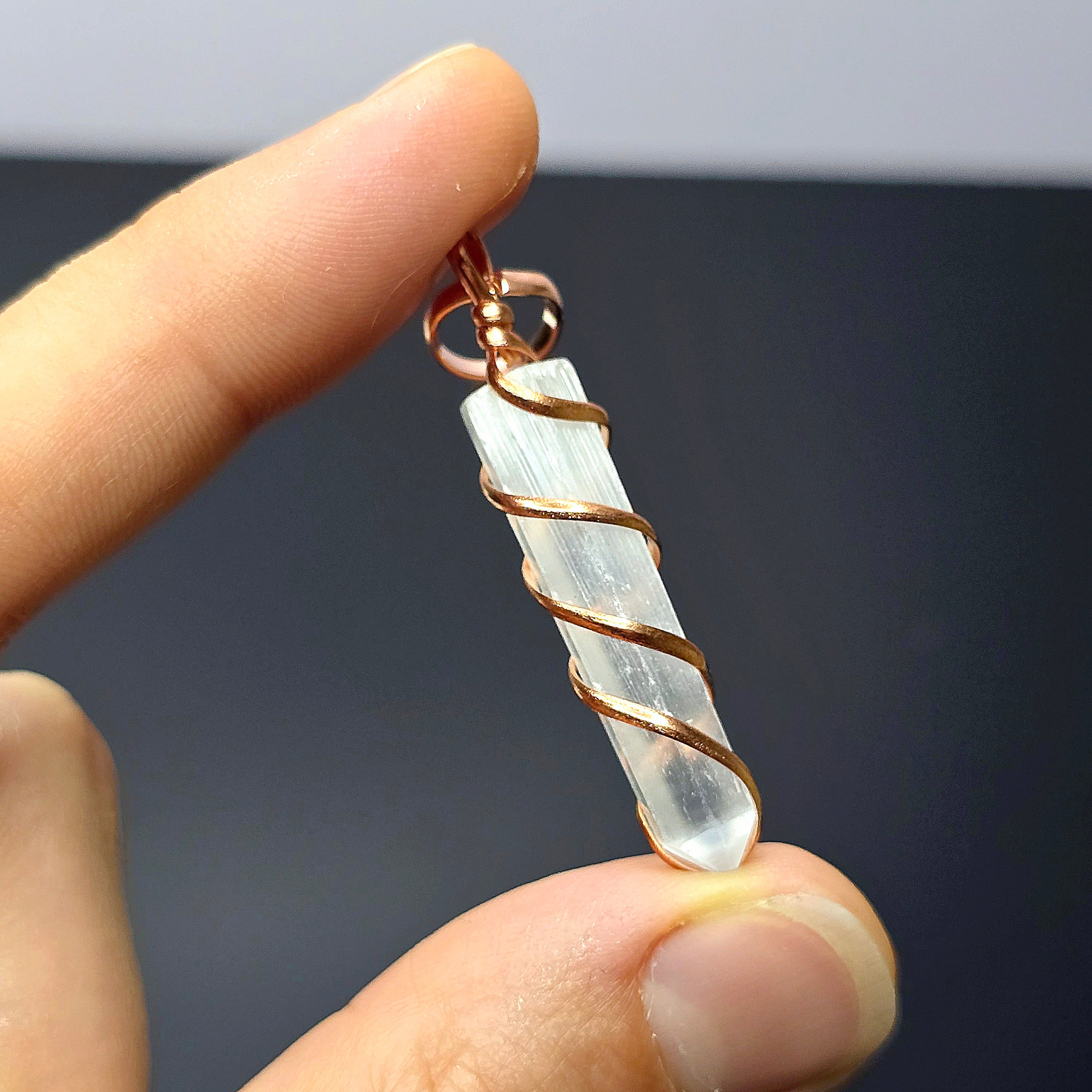 Selenite Wire Wrap Crystal Necklace - Copper Wrapped Gemstone Pendant with Chain