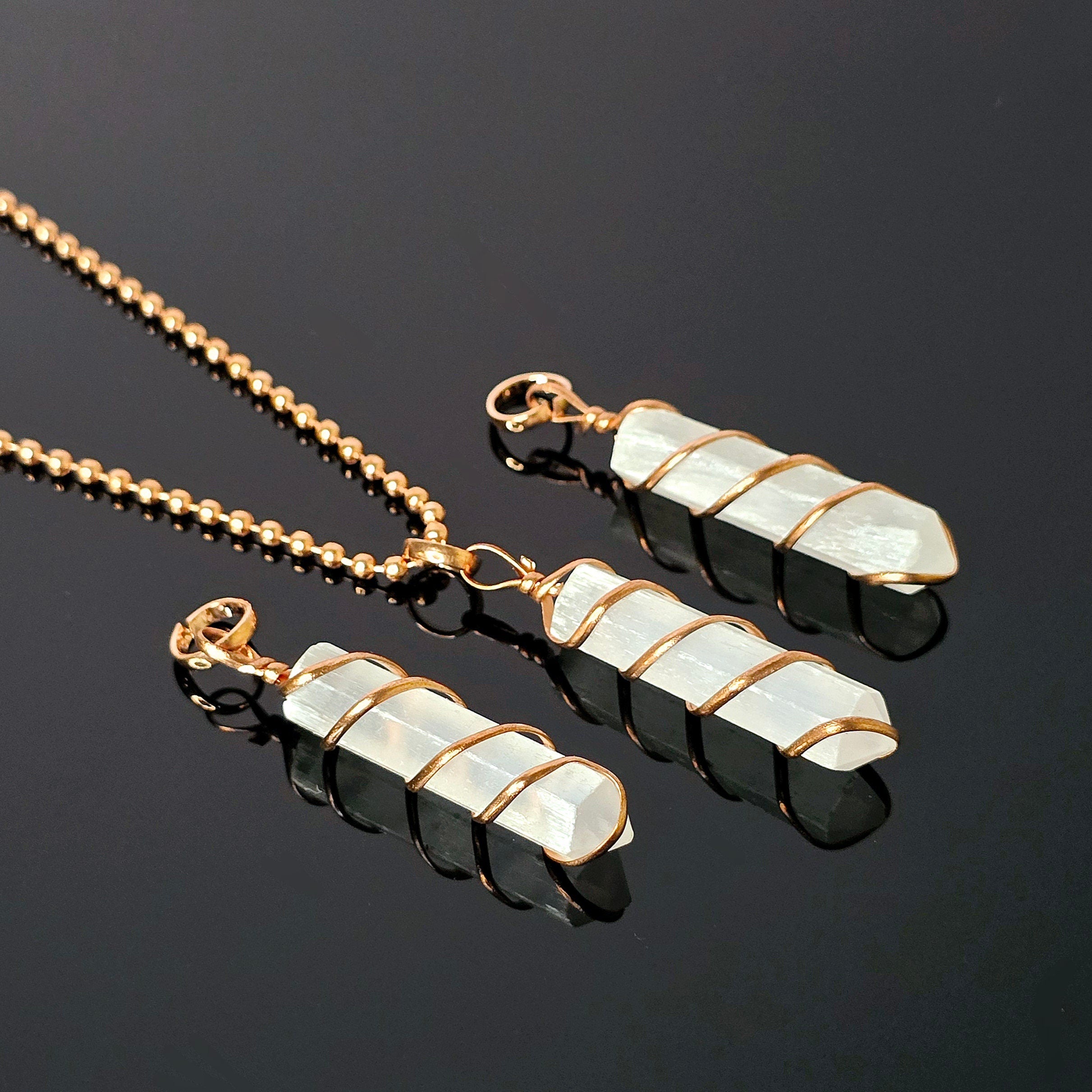 Selenite Wire Wrap Crystal Necklace - Copper Wrapped Gemstone Pendant with Chain