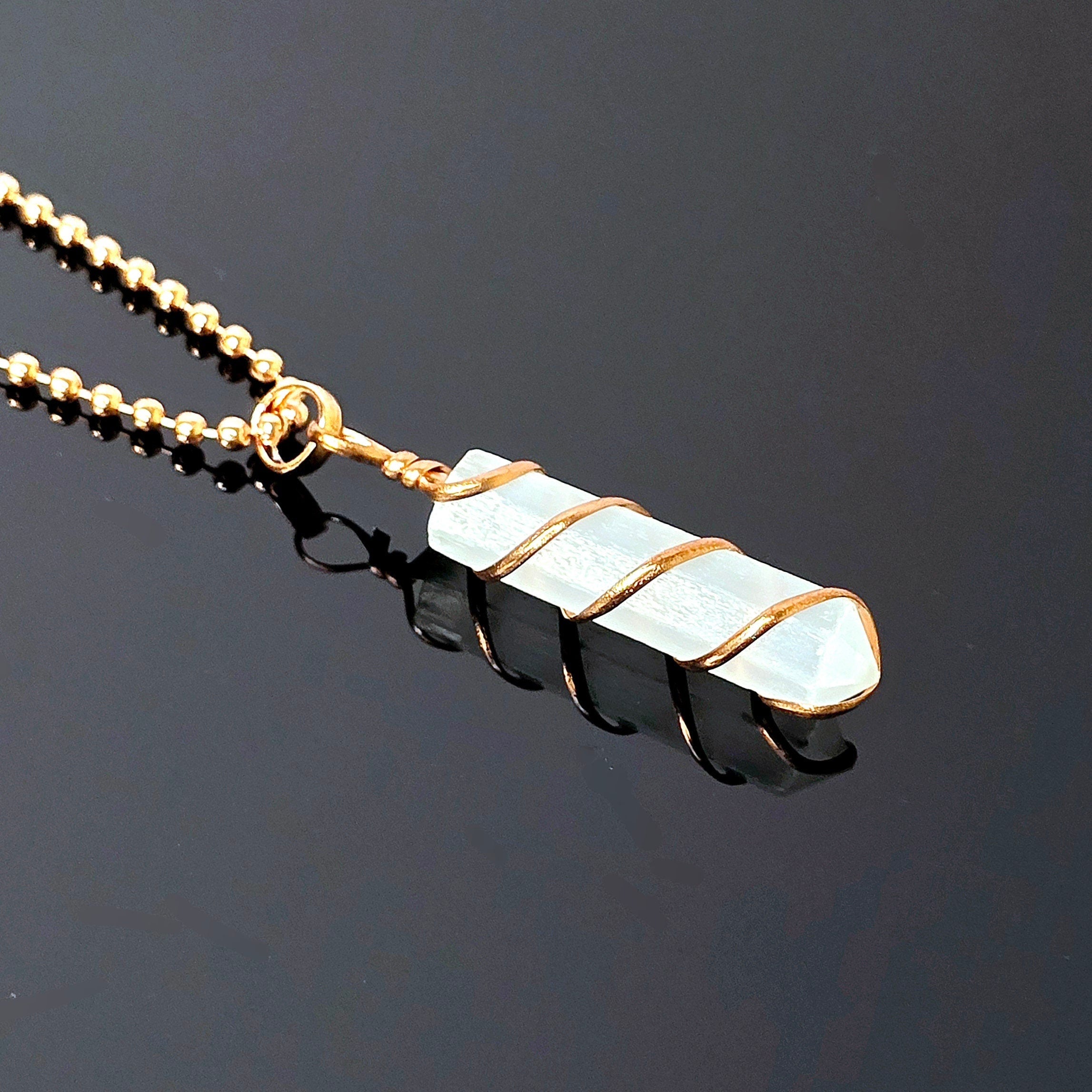 Selenite Wire Wrap Crystal Necklace - Copper Wrapped Gemstone Pendant with Chain