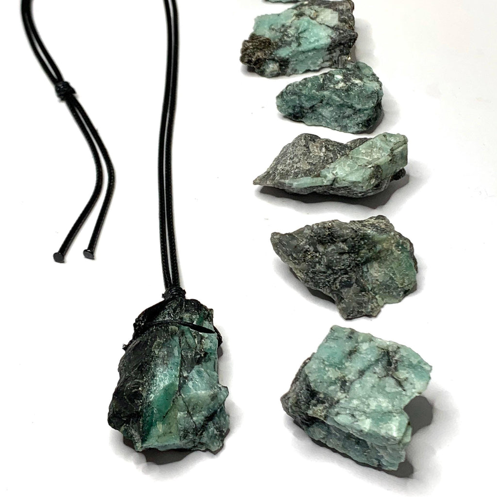 Natural Raw Emerald Pendant Necklace with Adjustable Cord
