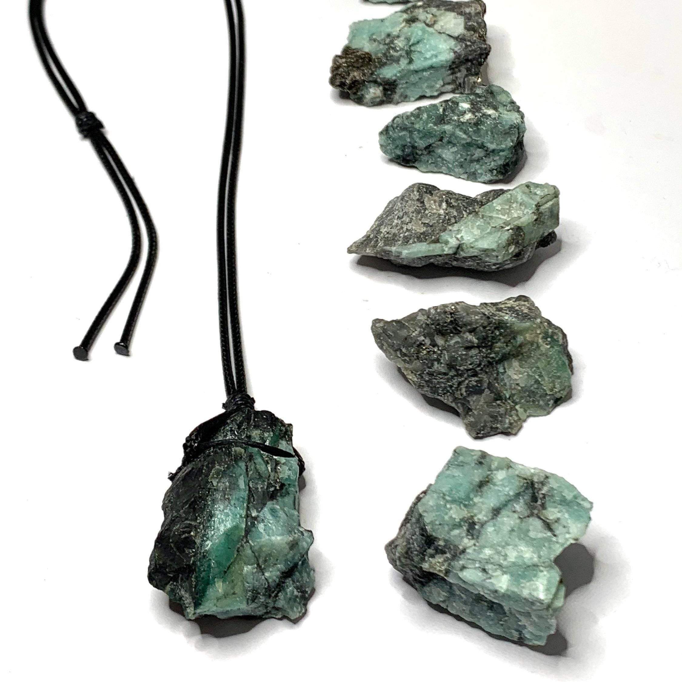 Natural Raw Emerald Pendant Necklace with Adjustable Cord